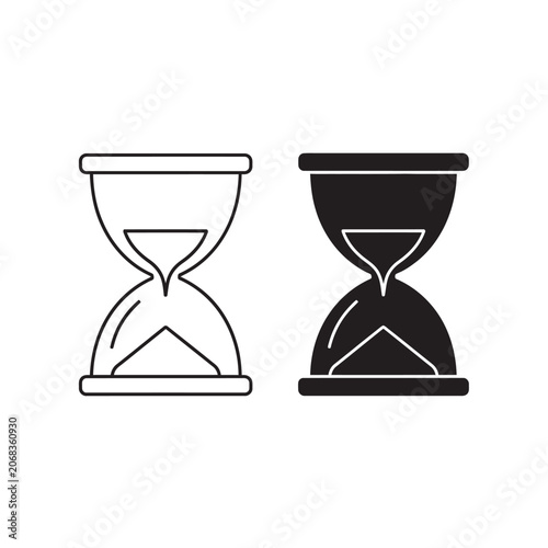 Two hourglass one outlined and one solid black, representing time management, countdown, deadline, and passing time concepts