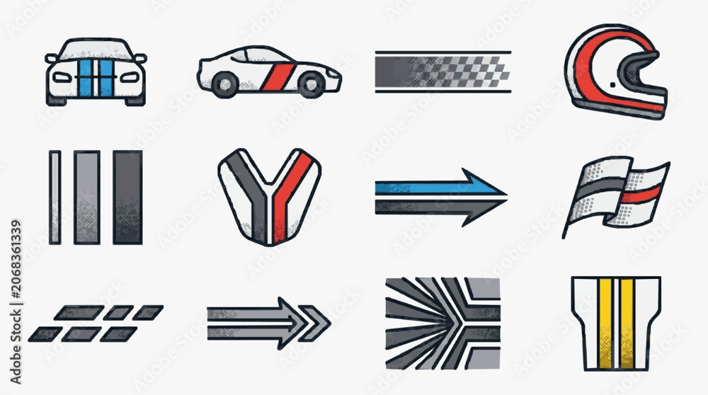 Naklejka premium Modern Racing and Motorsport Iconography Collection Featuring Cars Helmets Flags and Symbols with high professional line art symbols for modern creative design and digital branding projects