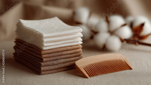 A stack of organic cotton pads next to a wooden comb, white and brown tones. 