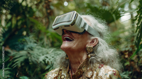 A stylish 70-year-old woman with silver hair wearing high-tech VR goggles and laughing, but sheâ€™s in a lush botanical garden, contrast of nature and tech. 