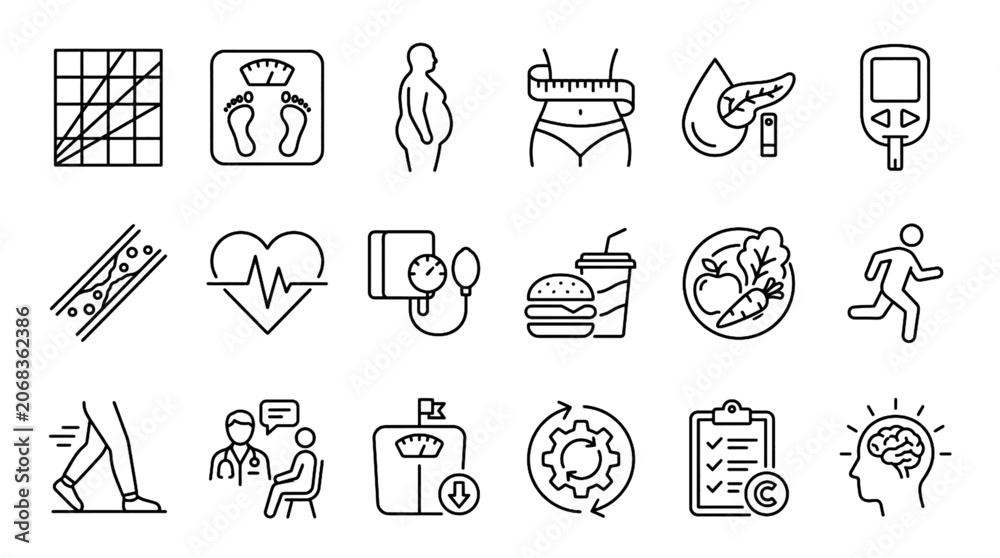 Naklejka premium Obesity Health Risks Line Icon Set with BMI Scale Diabetes Cholesterol Blood Pressure Nutrition and Wellness Outline Symbols