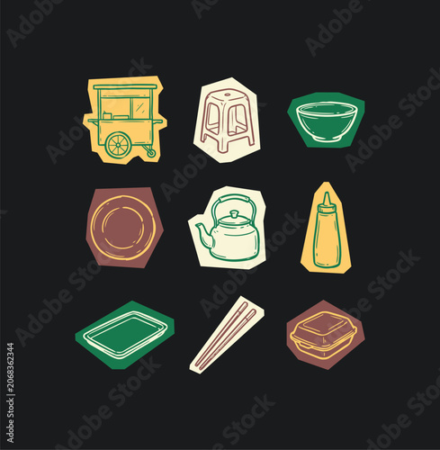 Hand drawn vector illustration of various asian street food icons