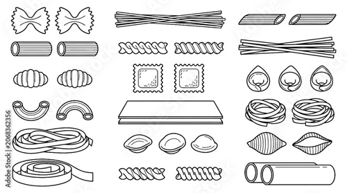 Tableau sur toile Italian Pasta Types Line Vector Set with Spaghetti Penne Fusilli Ravioli Tortell