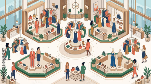 Diverse group of people shopping for fashion and accessories in a modern, brightly lit boutique store.