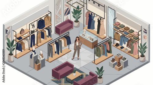 Isometric view of a modern clothing boutique interior with mannequins, racks of clothes, and a sales assistant.