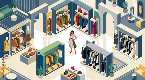 Isometric view of a modern clothing boutique with a woman standing in the center, showcasing fashion displays.