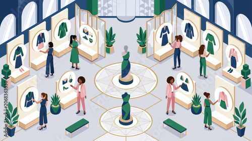 Diverse group of people exploring an art gallery exhibition featuring fashion displays and sculptures.