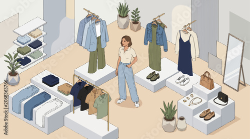 Woman standing in a modern clothing boutique with stylish outfits displayed on racks and shelves.