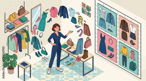 Woman organizing her wardrobe and planning outfits with a digital tablet and mood boards.