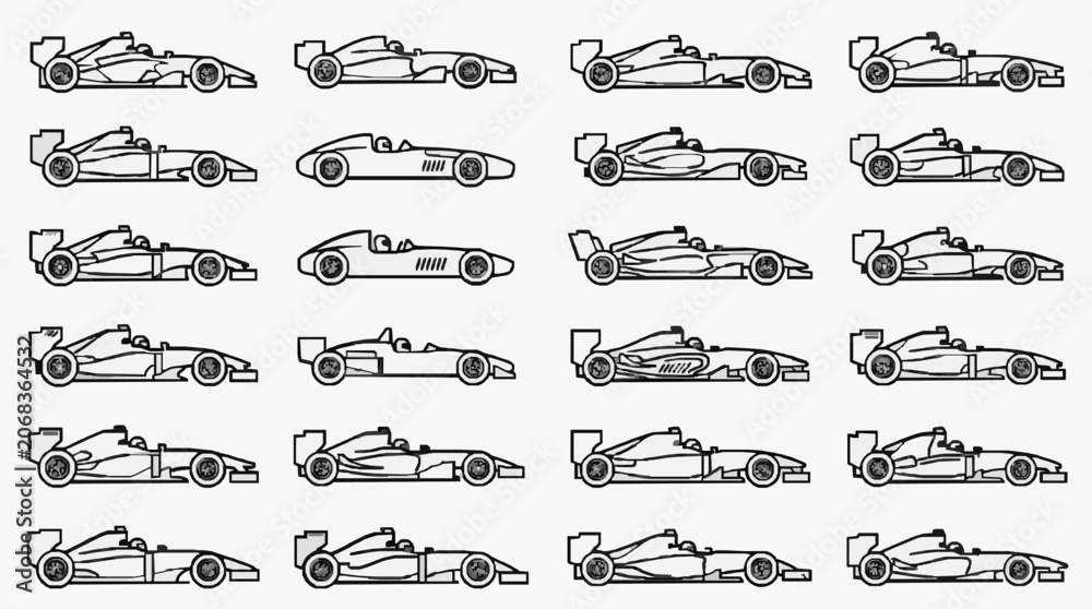 Naklejka premium Dynamic Evolution of Formula One Racing Car Designs Across Decades and Innovations with high professional line art symbols for modern creative design and digital branding projects
