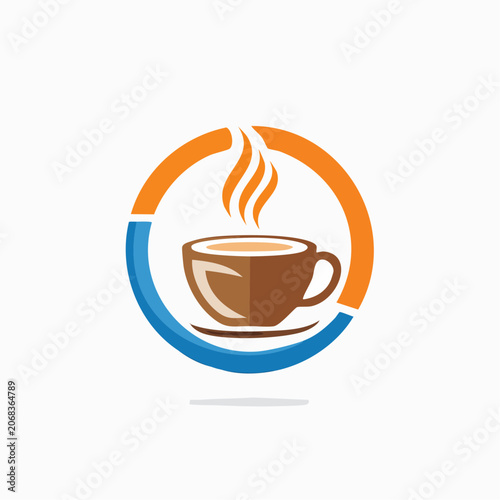 A steaming cup of coffee in a circular emblem, perfect for cafe logos