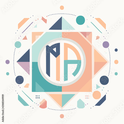Geometric Abstract Design with a Circular Emblem Featuring Stylized Letters