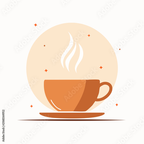 Warm Steaming Beverage Cup Illustration on Saucer, Minimalist Flat Design for Refreshing Break or Morning Ritual