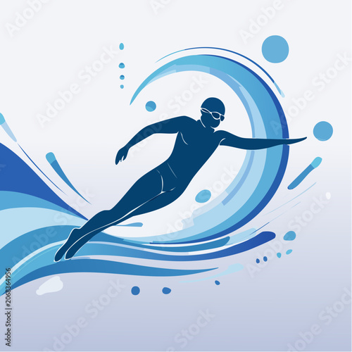 Graceful Swimmer Silhouette Gliding Through Dynamic Abstract Blue Water Splash Design