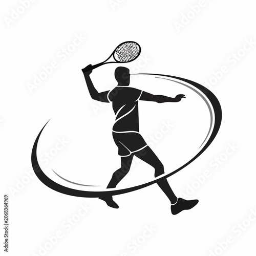 Silhouette of a male tennis player in action with a dynamic swirling effect