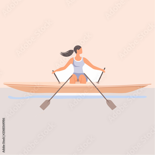 Woman rowing a boat on calm water with oars