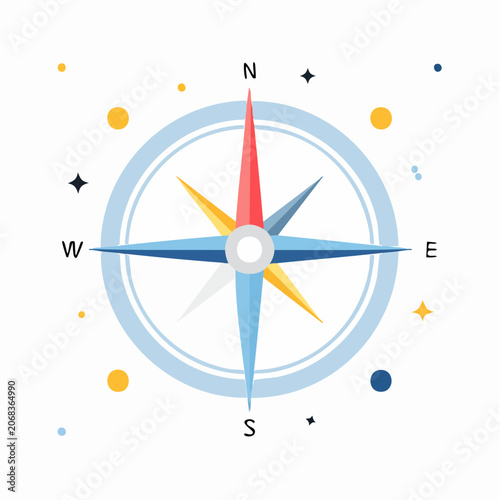 Vibrant flat design compass rose symbolizing navigation, direction, guidance, and discovery for a journey or strategic planning
