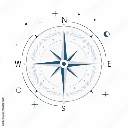 Compass Rose Illustration with North, South, East, West Directional Points