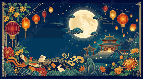 Mid-Autumn Festival banner with full moon and lanterns, Chinese New Year background with rabbits and pagoda, oriental night landscape vector