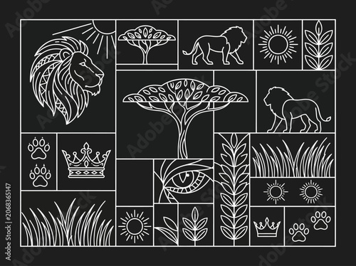 African Safari Lion Line Art Collage - Minimalist Savannah Wildlife Illustration