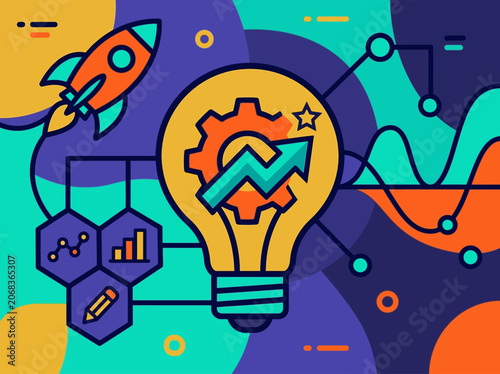 Business Innovation and Growth Concept Flat Illustration with Lightbulb, Rocket, and Data Analytics
