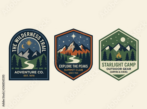 Retro Mountain Adventure Badge Collection for Camping and Hiking Branding