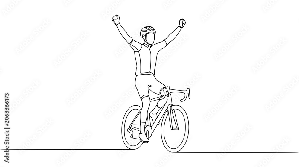 Fototapeta premium Cyclist celebrating victory with arms raised on bicycle, continuous line drawing