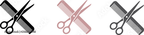 Hair Salon and Barber Shop Icon Set with Crossed Scissors and Comb Symbols for Hairdressing, Beauty Parlors, and Styling Branding Designs