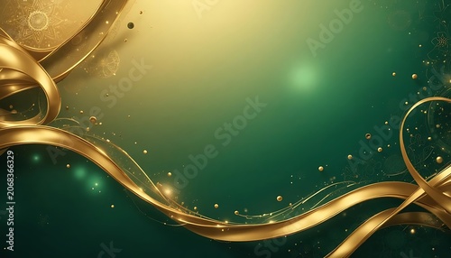 Elegant Abstract Golden Flowing Ribbons Resembling Calligraphy on Soft Emerald Green Background