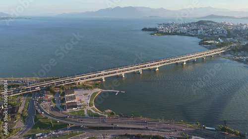 Aerial View of Pedro Ivo Campos and Colombo Salles Bridges with City Traffic and Ocean Coastline in Florianopolis Santa Catarina Brazil