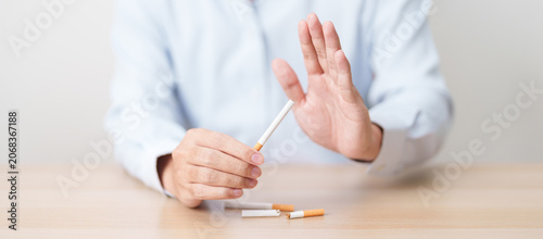 Schilderij op canvas hand refuse to cigarette for World No Tobacco Day concept, quitting smoking to prevent Lung Cancer, COPD, Emphysema and Tuberculosis disease