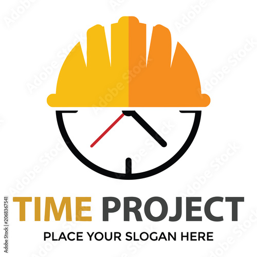 Construction time management project logo with hard hat and clock icon