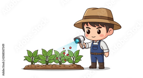 Cute chibi farmer wearing a sun hat and overalls, using a handheld AI scanner to inspect green leafy plants with red berries, cartoon vector illustration on white background.