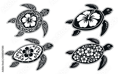 Four black and white stylized sea turtles adorned with hibiscus flowers and tribal patterns in a graphic illustration tattoo ornamental marine animal ocean creature wildlife
