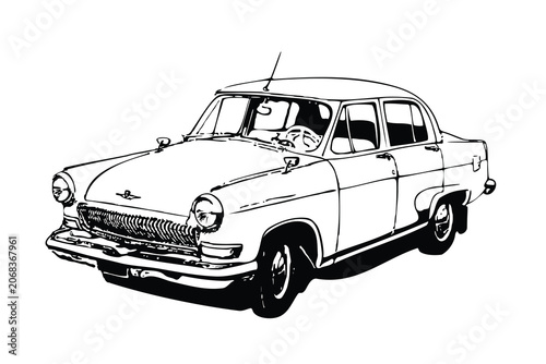 Tableau sur toile Black and white line art sketch of a classic vintage sedan car, isolated on a white background, representing retro automotive design, classic transport, and antique vehicle illustration