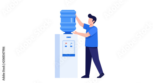 Employee replacing blue office water bottle.