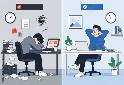Productivity and Procrastination Comparison with Stressed and Relaxed Employee Vector Illustration