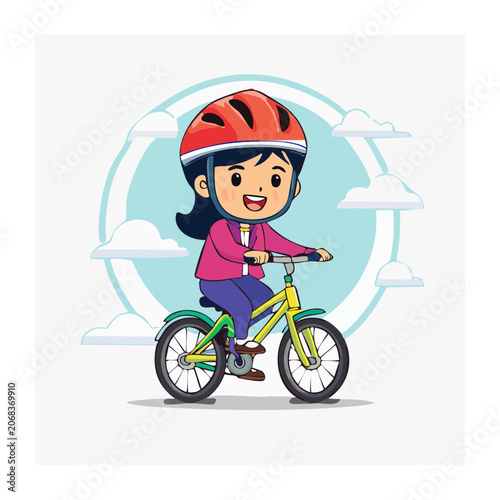 Cartoon girl riding a bicycle with helmet