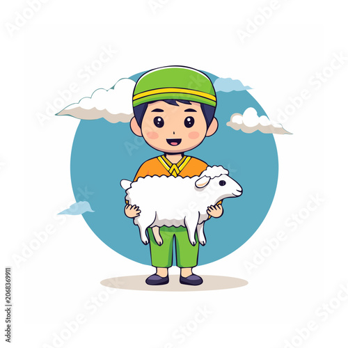 Cartoon boy holding a sheep in a rural scene