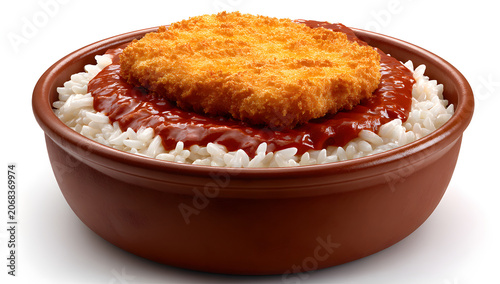 Breaded fish fillet served over white rice and tomato sauce