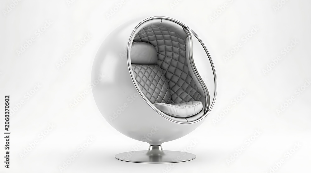 Fototapeta premium Futuristic white egg chair with quilted gray upholstery.