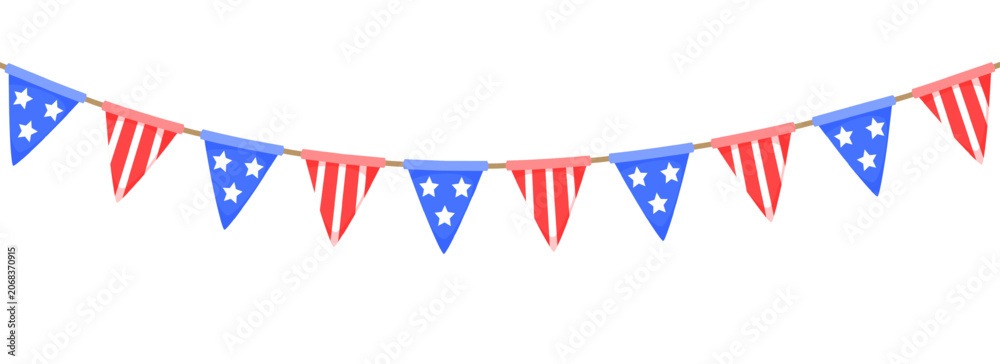 Obraz premium USA flag garland chain. American flags pennon string decoration for Independence day banner, July 4 party poster. Triangle pennants with stripes and stars. White, blue, red bunting decor. Vector