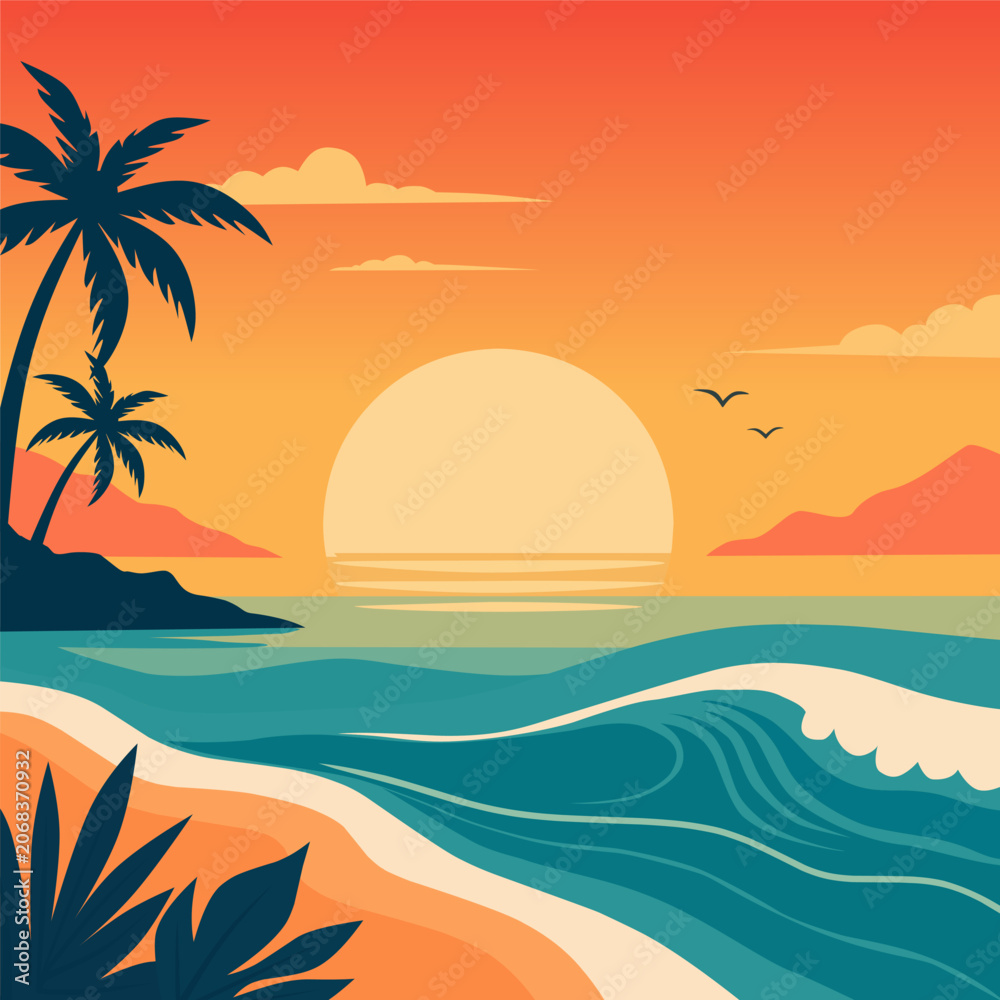 Obraz premium Tranquil Tropical Beach Vista Featuring a Luminous Celestial Orb and Rolling Azure Breakers