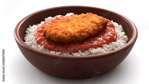 Crispy breaded chicken cutlet with tomato sauce and rice