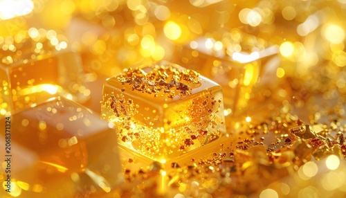 Close-up of golden, sparkling cubes with glitter, bright bokeh background