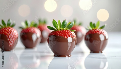 Chocolate-covered strawberries on a reflective surface, blurred background