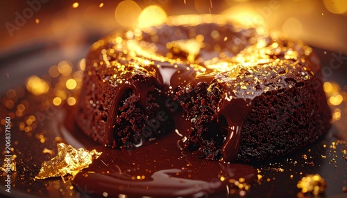 Chocolate lava cake with gold flakes, molten center