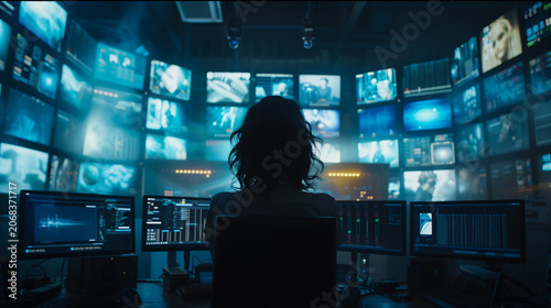 Person sitting in front of multiple screens glowing in dark room  