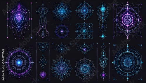Intricate, glowing geometric shapes in teal, violet, and white
