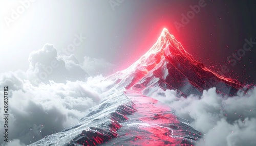 Glowing mountain peak with path through clouds, digital art
